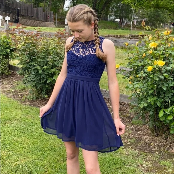 blue lace skater dress Blue Halter Lace Skater Dress Blue / L